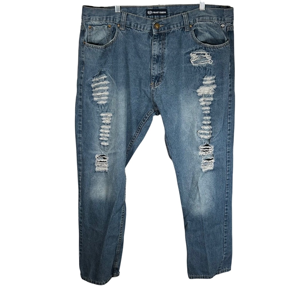 Phat Farm Mens Distressed Denim Jeans 42x32 Medium Wash Ripped Streetwear Blue‎